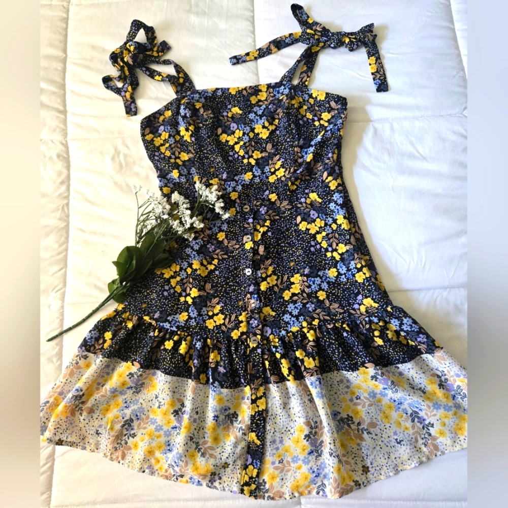 Floral Prairie Summer Dress - Blue, Yellow, White Size XS